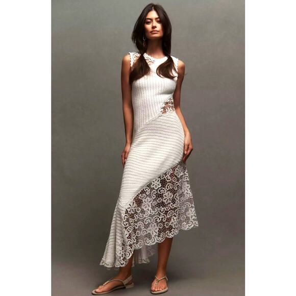 Anthropologie Dress Medium Crochet Lace Sleeveless Knit Sweater Midi Ivory NWT - Picture 1 of 5